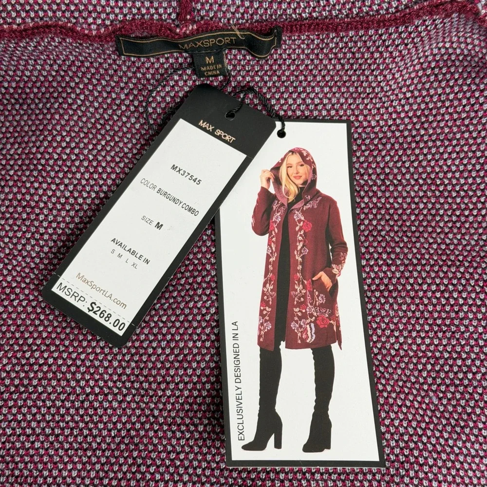 NWD Max Sport Burgundy Butterfly Open Front Hooded Cardigan Duster Womens Medium